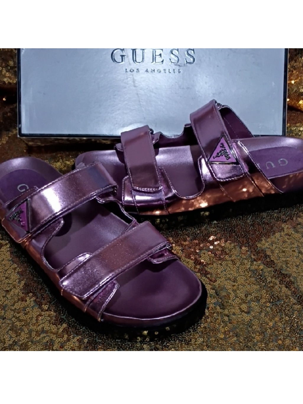 Guess Metallic Lavender TripleStrap Slide Sandals